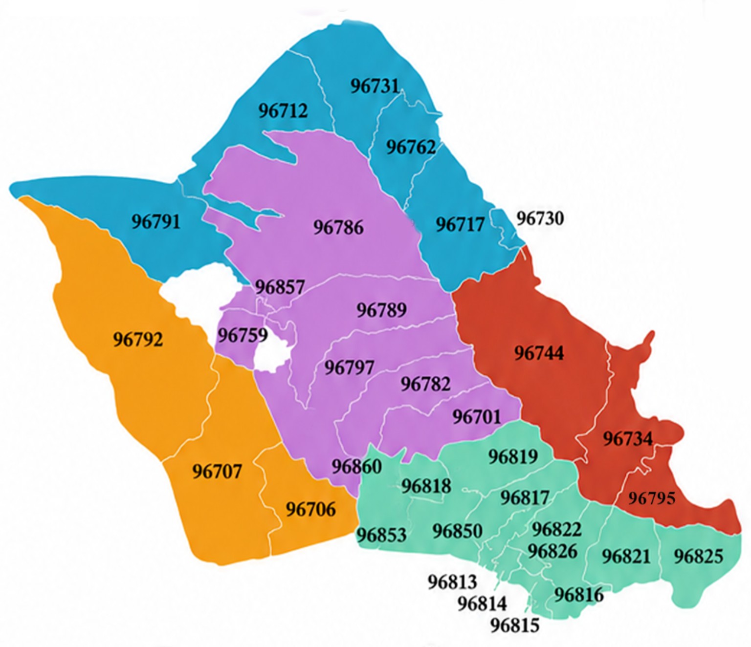 Color-coded Oʻahu service-area map with ZIP codes